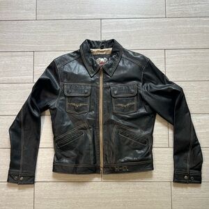 Harley Davidson Leather Motorcycle Jacket w/ Gold Embroidered Angel Wings